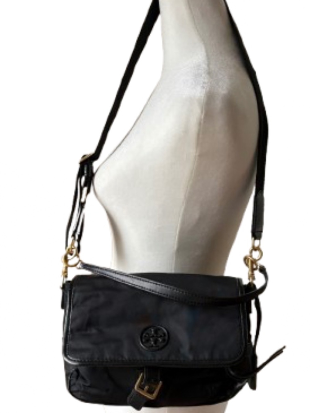 Tory Burch Black Nylon Crossbody Bag Green Interior Adjustable Strap